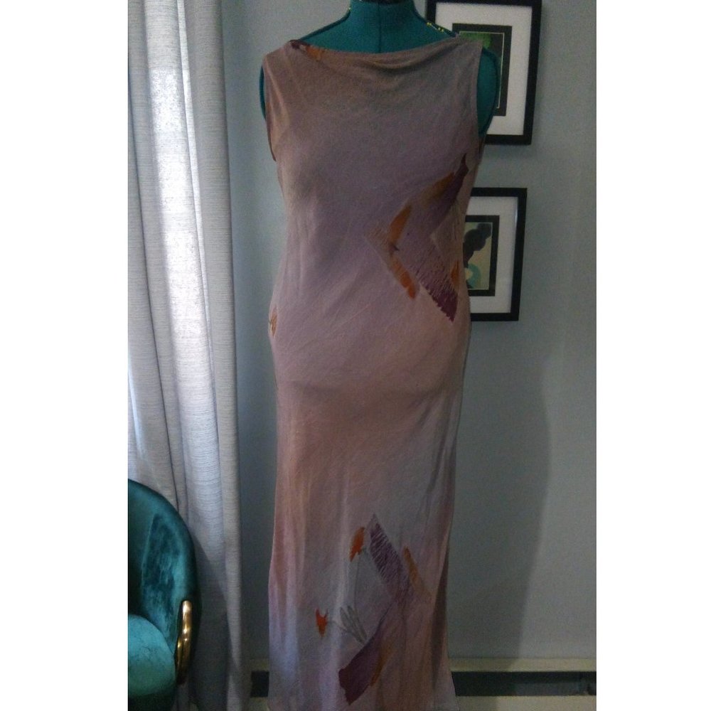 Vintage Watercolor Floral Lavender Purple Double Maxi Dress Sz M